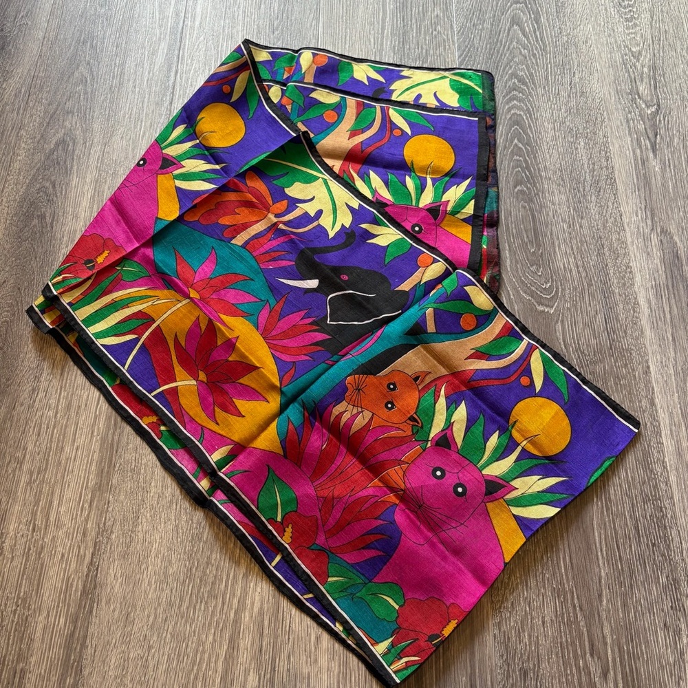 Colorful Cat Lady Floral Design Silk Scarf